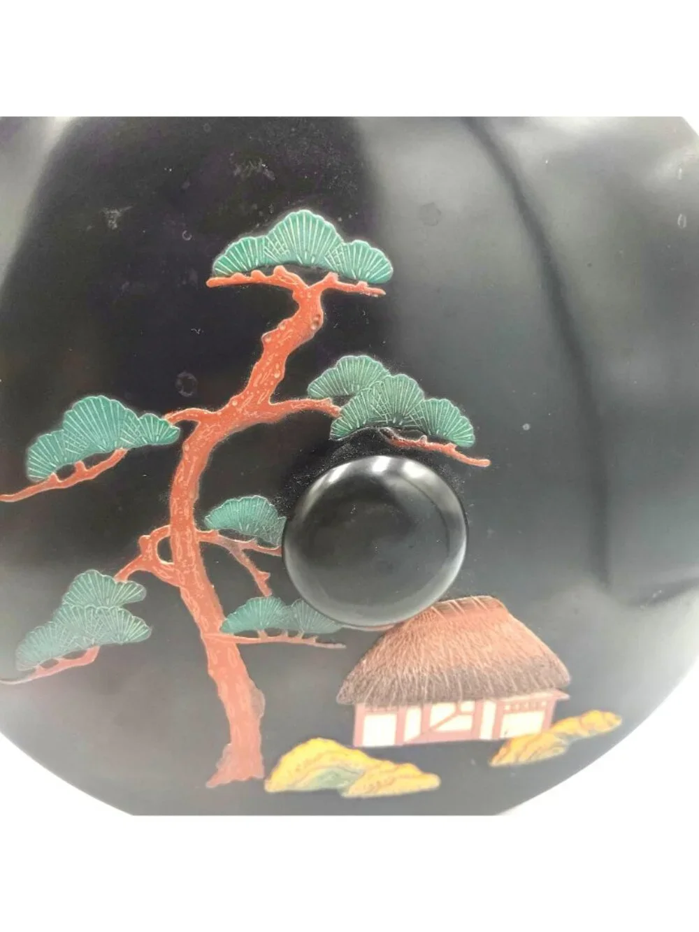 Vintage Bunco Okinawa Japanese Lacquerware Covered Bowl Black Red Scenic Lid
